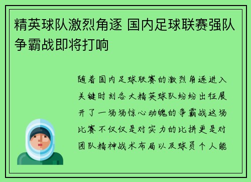 精英球队激烈角逐 国内足球联赛强队争霸战即将打响