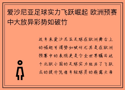 爱沙尼亚足球实力飞跃崛起 欧洲预赛中大放异彩势如破竹