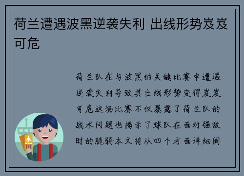荷兰遭遇波黑逆袭失利 出线形势岌岌可危
